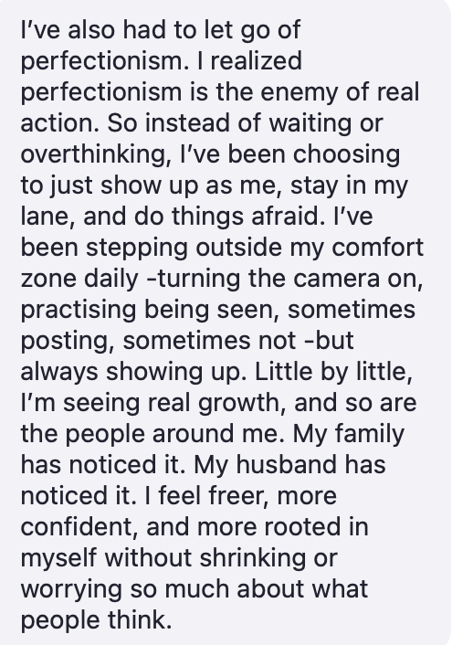 Testimonial about letting go of perfectionism